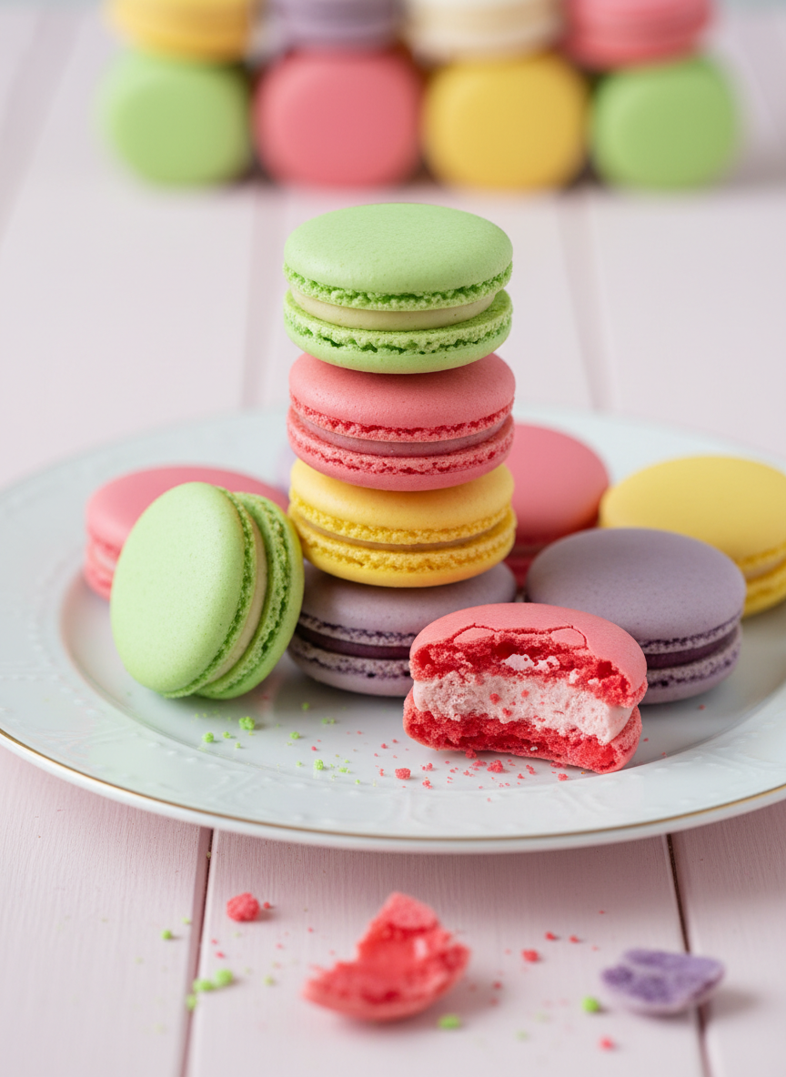 A whimsical assortment of vividly colored macarons stacked and scattered on a glossy white porcelain platter: pistachio green, raspberry pink, lemon yellow, and lavender purple, each with delicately crinkled feet and smooth domed tops. One macaron is broken open in the foreground, revealing a luscious, creamy filling and tender interior crumb. The platter rests on a pale pastel-pink tabletop, with tiny crumbs and a few stray macaron shells adding playful chaos. Bright, diffused studio lighting from both sides eliminates harsh shadows and makes the colors pop with vibrant clarity. Photographic realism with a close-up, slightly elevated composition and shallow depth of field, turning the distant macarons into soft, colorful bokeh. The mood is fun, lighthearted, and irresistibly sweet, perfectly matching a playful baking blog aesthetic.