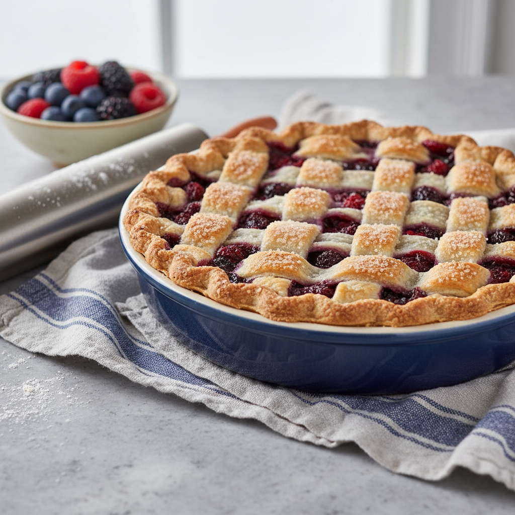 A deep ceramic pie dish cradling a perfectly baked lattice-topped mixed berry pie, the golden-brown crust shimmering with coarse sugar and vibrant purple-red berry juices bubbling through the gaps. The dish rests on a crumpled blue-and-white striped kitchen towel atop a cool gray stone countertop, with a stainless-steel rolling pin dusted in flour nearby and a small bowl of extra berries just out of focus. Soft overcast window light diffuses from above and slightly behind, creating a gentle sheen on the crust and a cozy, homely atmosphere. Photographic realism with an eye-level, slightly angled composition, using the rule of thirds to place the pie prominently while the background softly dissolves into bokeh, enhancing the warm, inviting mood.