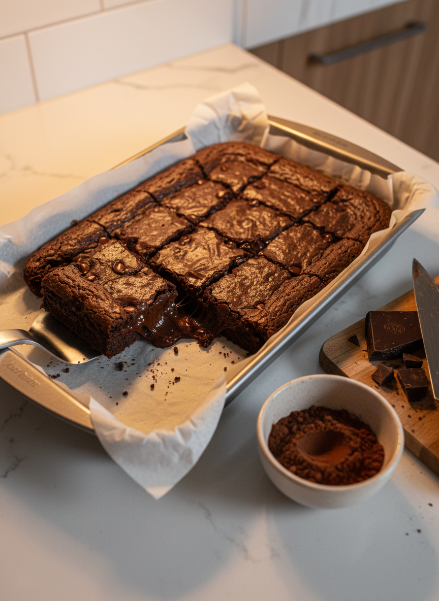 A batch of fudgy brownies still in their parchment-lined metal baking pan, the shiny, crackly top fractured into irregular squares, with molten chocolate chips just visible in the dense interior. One corner piece is slightly lifted by a metal spatula, exposing its gooey middle and leaving a few crumbs scattered behind. The pan rests on a cool white quartz countertop beside a small bowl of cocoa powder and a bar of half-chopped dark chocolate. Warm, directional indoor lighting from a nearby under-cabinet fixture creates inviting, cozy highlights and soft-edged shadows. Photographic realism, shot from a three-quarter overhead angle with moderate depth of field, keeps the brownies in sharp focus while gently blurring the background, evoking a casual, homey, and deeply indulgent atmosphere.