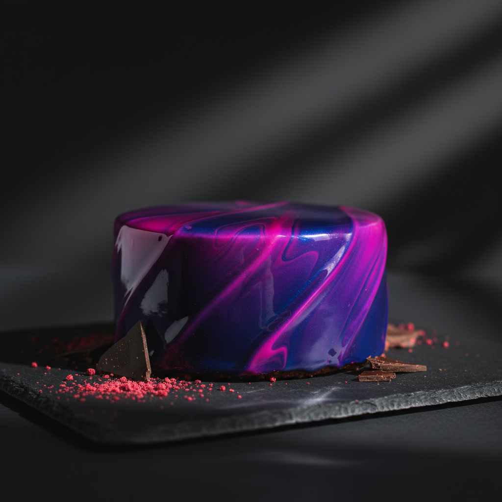 A glossy, mirror-glazed entremet cake shaped into a perfect cylinder, covered in a mesmerizing marbled swirl of electric purple, magenta, and deep midnight blue glaze that reflects light like polished glass. The cake sits on a black slate serving board dusted with a few artful crumbs of freeze-dried raspberries and shards of tempered chocolate. The background is a minimal, dark charcoal surface that fades into soft shadow. Dramatic side lighting from the left creates sharp, clean reflections across the mirror glaze and a defined shadow on the right, emphasizing its smooth perfection. Captured in photographic realism from a low eye-level angle with shallow depth of field, the mood is bold, modern, and slightly mysterious, ideal for showcasing more experimental dessert creations.